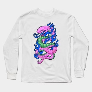 Pink snake with blue flames, in a 90s tattoo style Long Sleeve T-Shirt